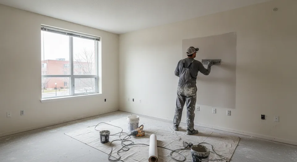 A drywall finisher skim-coating a patched wall in an emptied student rental unit near the universities in Waterloo, Ontario